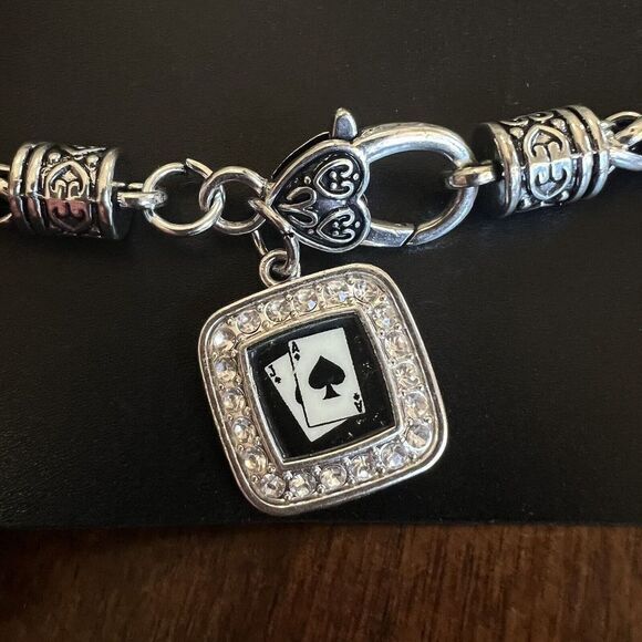 Silver Plated Blackjack Square Charm Braided Bracelet Cubic Zirconia 7.5 in‎ - Picture 4 of 13